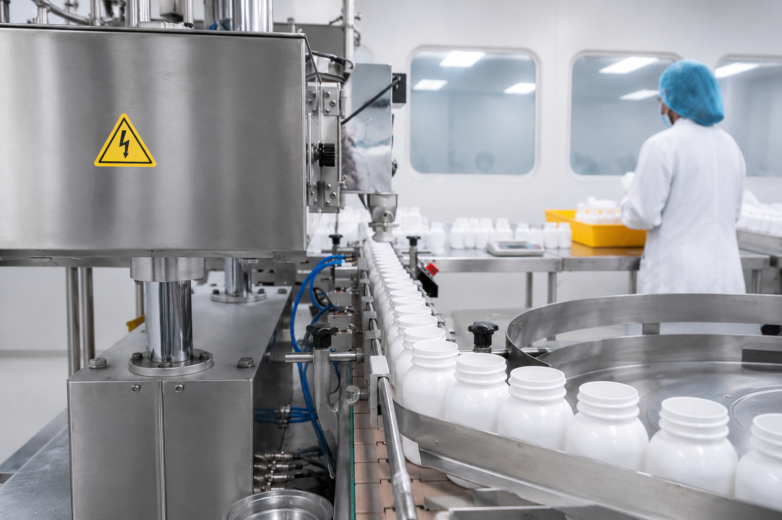 Supplement bottles moving through a pharmaceutical packaging line