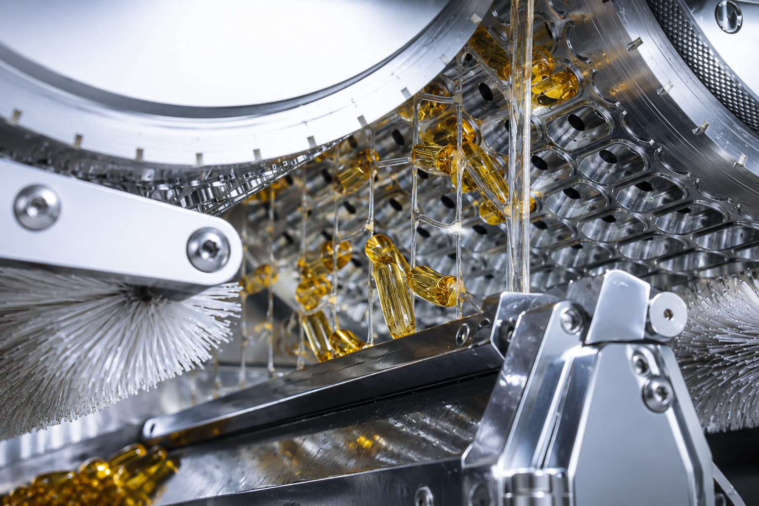 Golden softgels moving through supplement manufacturing equipment