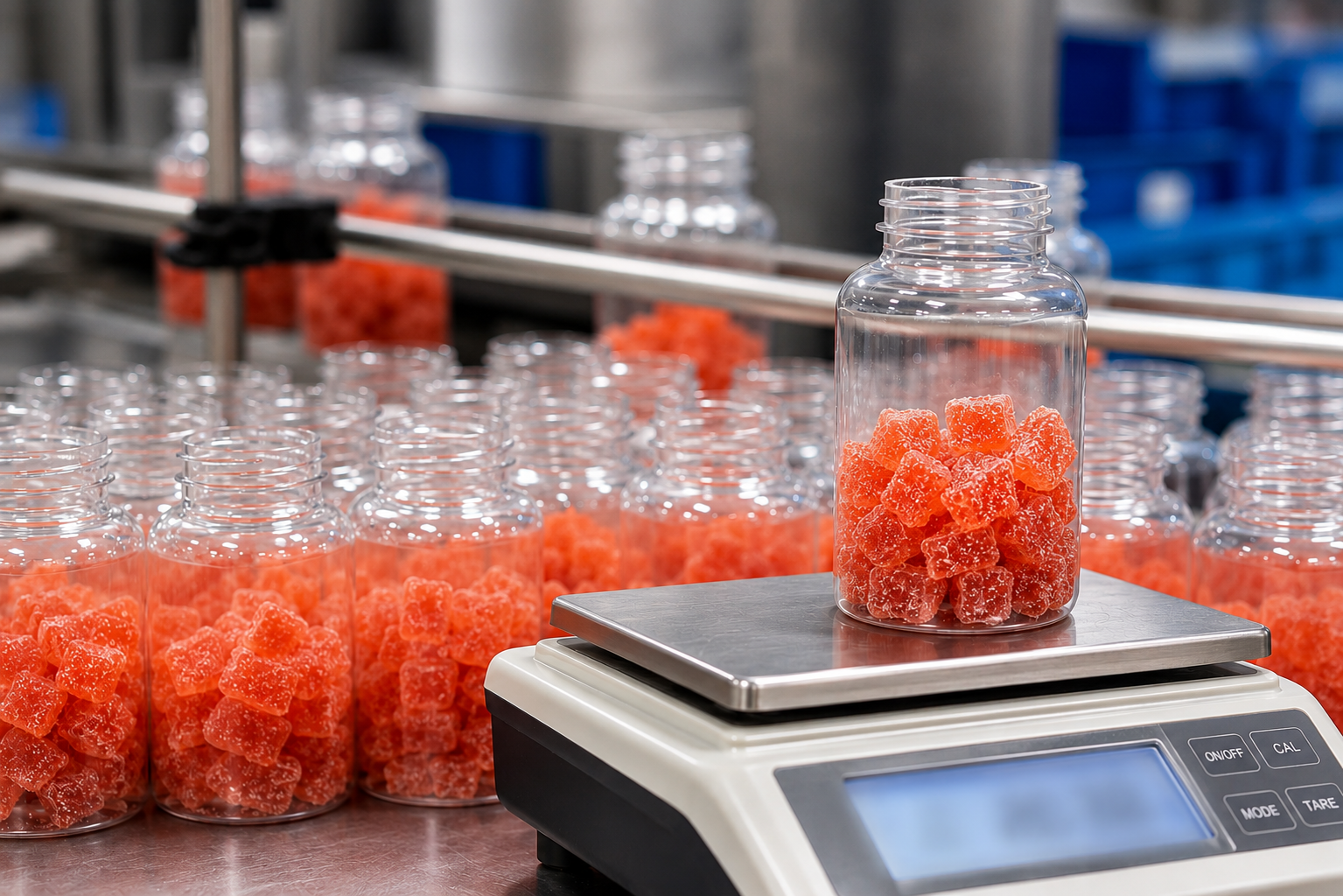 Gummy supplements being weighed during factory production