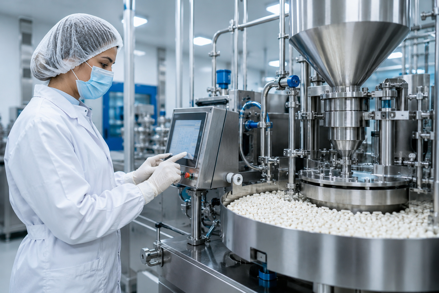 Capsule production technician operating pharmaceutical machinery