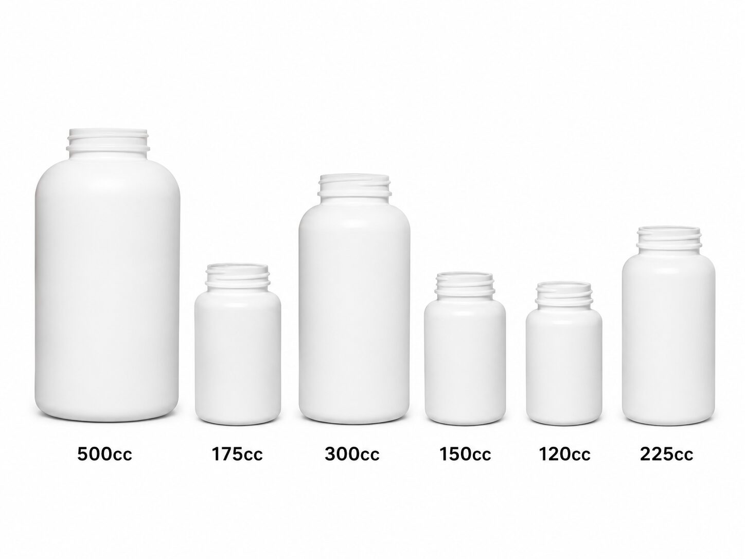 Available PET bottle sizes for supplement packaging including 500cc, 300cc, 225cc, 175cc, 150cc and 120cc