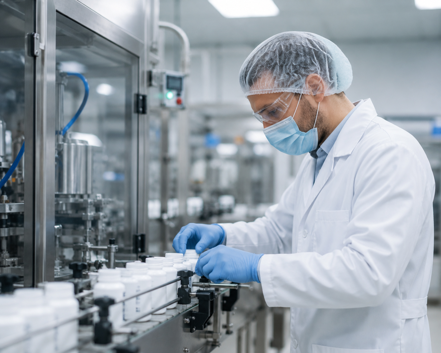 Pharmaceutical manufacturing professional working in a clean production facility